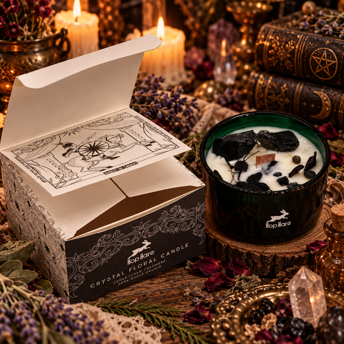 Candele Hop Hare con Fiori e Cristalli - Cavaliere di Spade