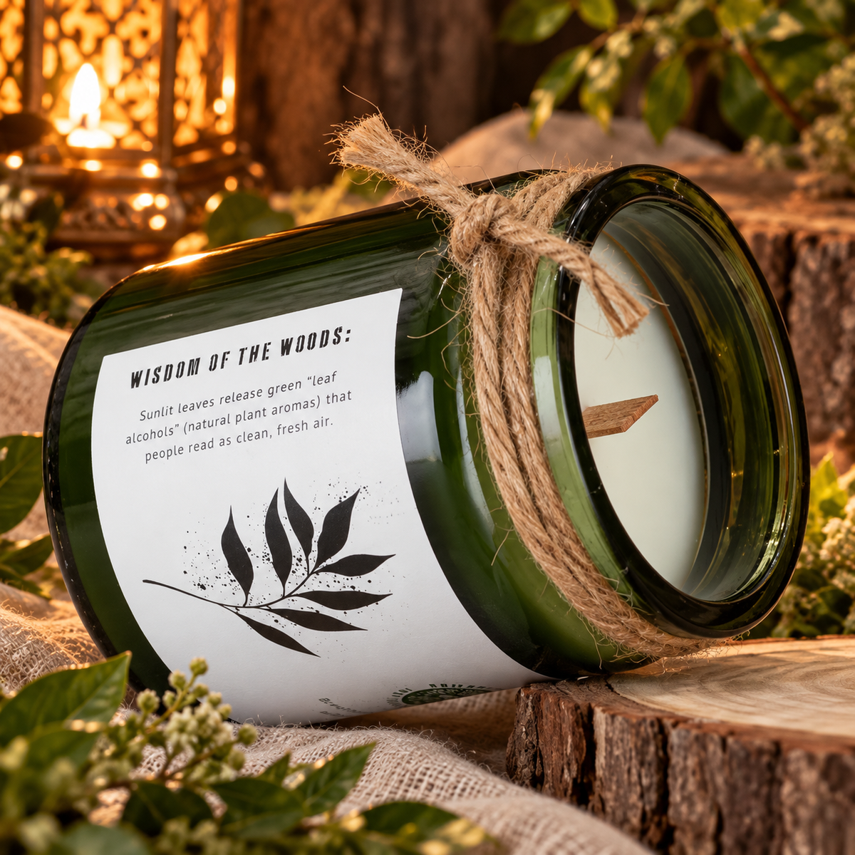 Candela di Soia con Stoppino in Legno – Foglie e Lino