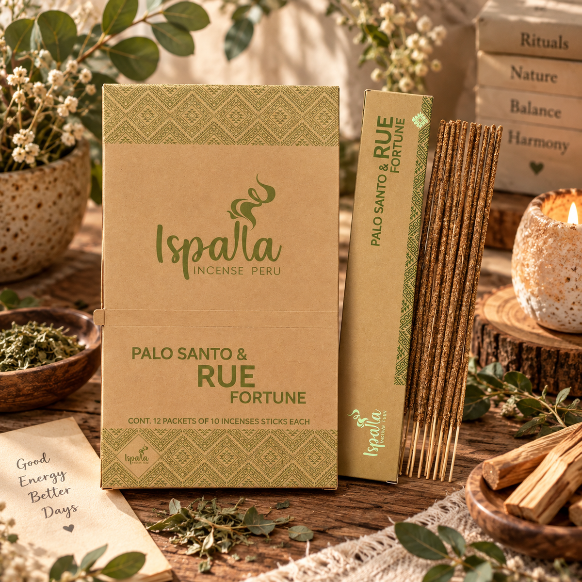 Incenso Ispalla Palo Santo e Ruta: confezioni con scritte verdi e bastoncini affiancati.