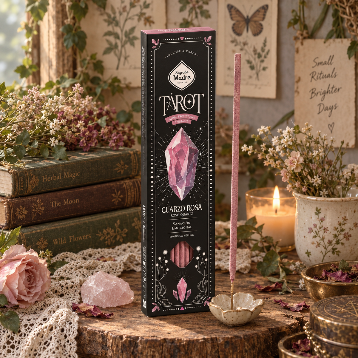 Incenso Sagrada Madre Tarot Gem Quarzo Rosa: confezione nera con cristallo rosa illustrato e bastoncino rosa.