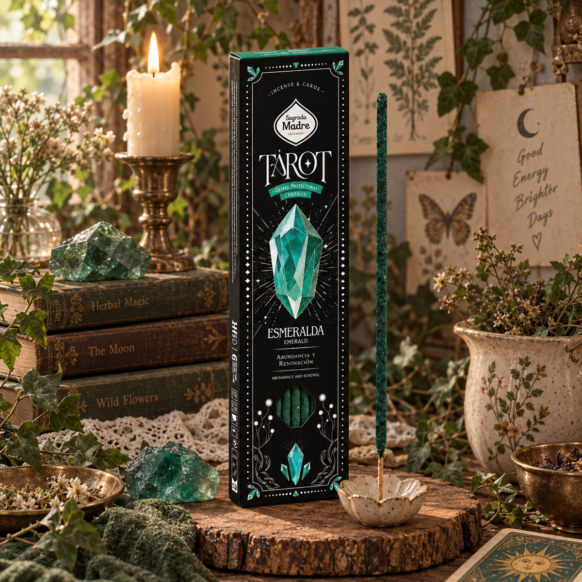 Incenso Sagrada Madre Tarot Gem Smeraldo: confezione nera con cristallo verde illustrato e bastoncino verde.