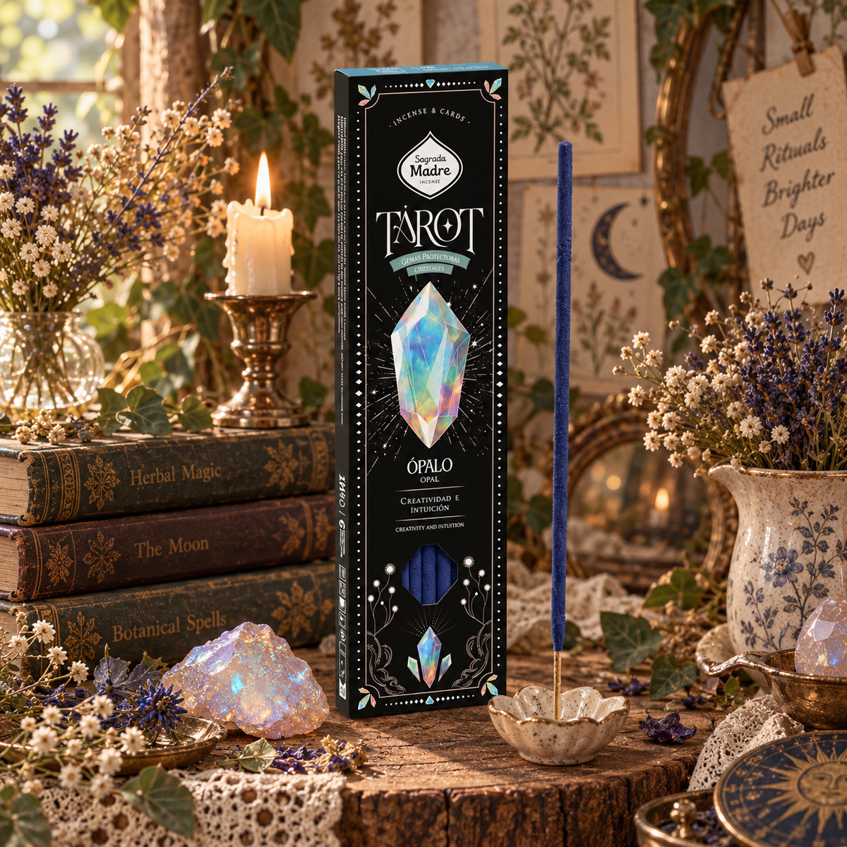 Incenso Sagrada Madre Tarot Gem Opale: confezione nera con cristallo iridescente illustrato e bastoncino blu.
