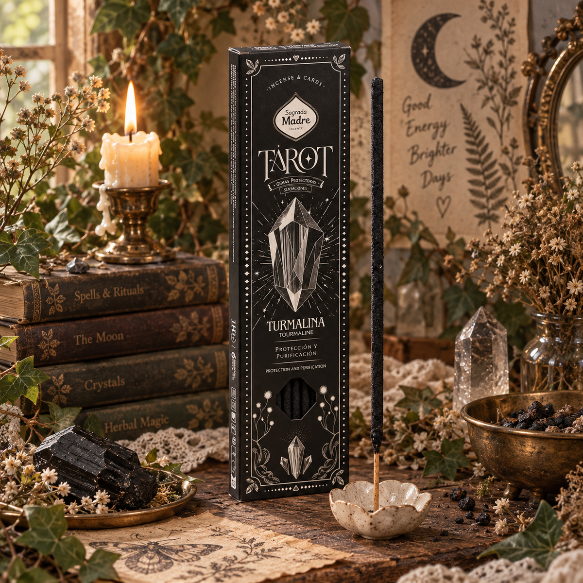 Incenso Sagrada Madre Tarot Gem Tormalina: confezione nera con cristallo illustrato e bastoncino nero.