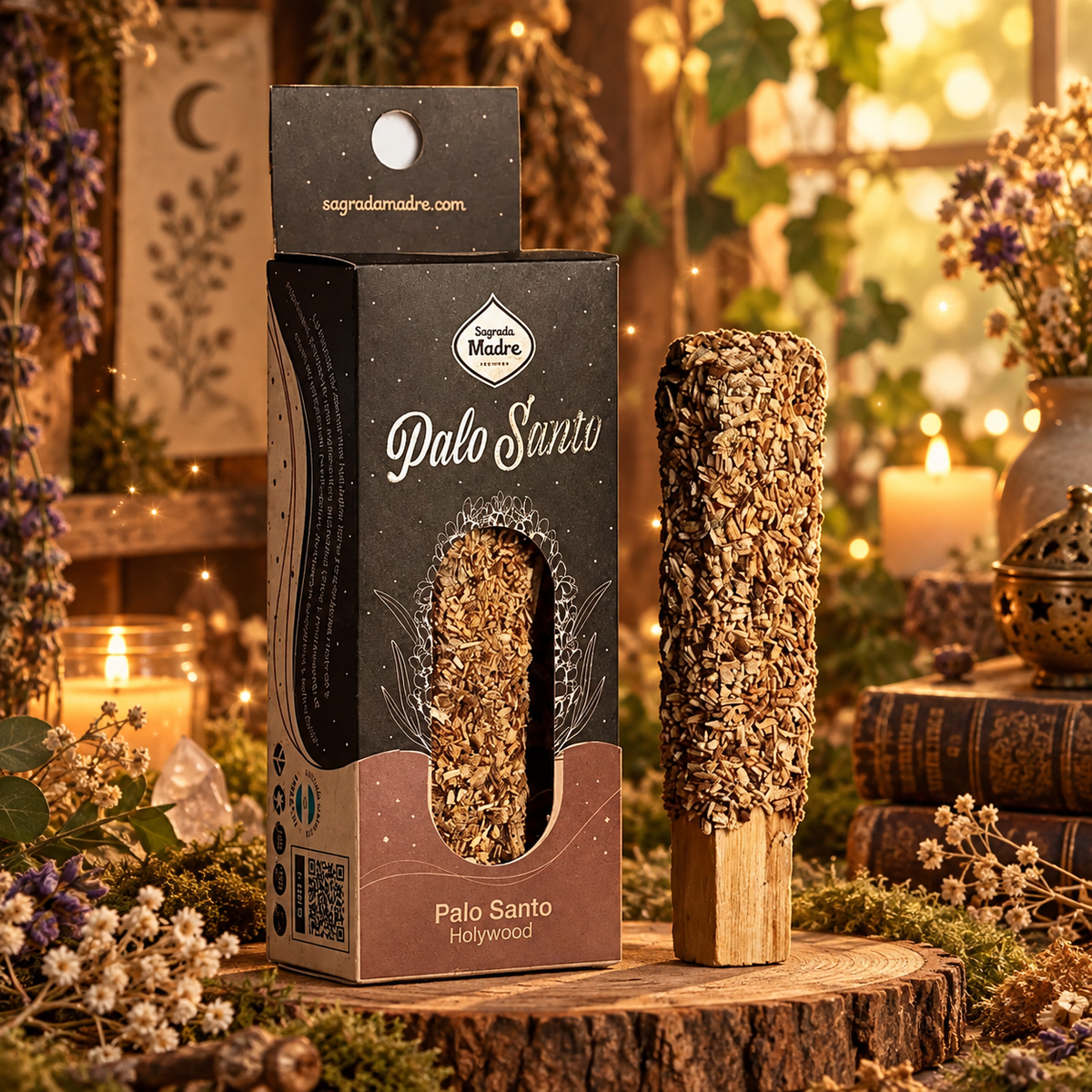 Stick di Palo Santo Sagrada Madre rivestito di scaglie di legno, accanto alla confezione.