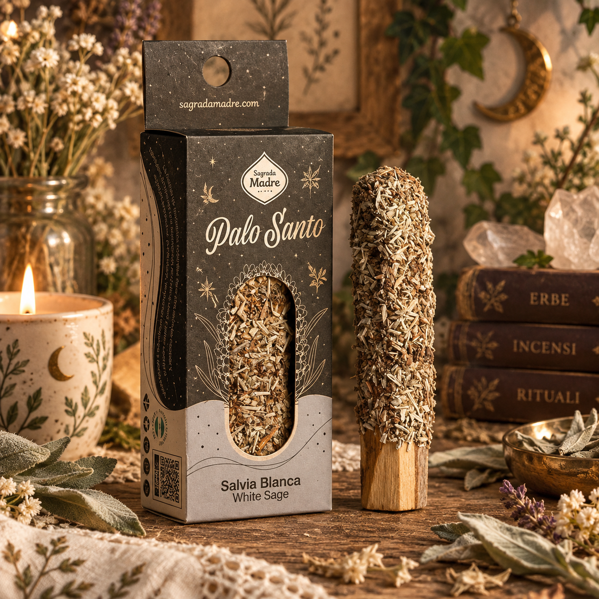 Stick di Palo Santo con Salvia Bianca Sagrada Madre, rivestito di erbe, accanto alla confezione.