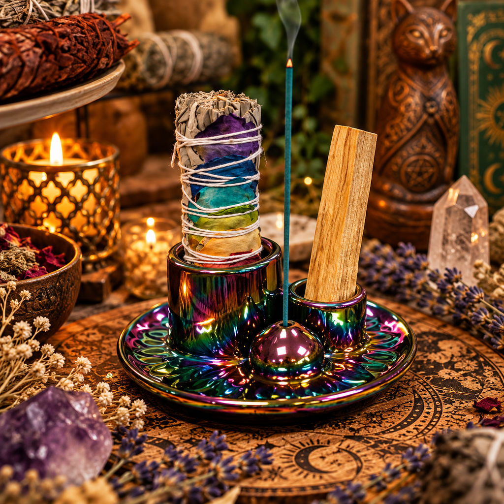 Trio Portaincenso Smudge e Palo Santo -  Mandala Arcobaleno